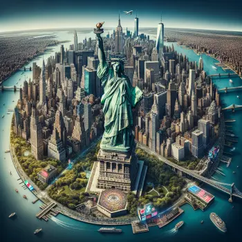 Landmarks of New York including Statue of Liberty, Times Square, Central Park, Empire State Building, Brooklyn Bridge